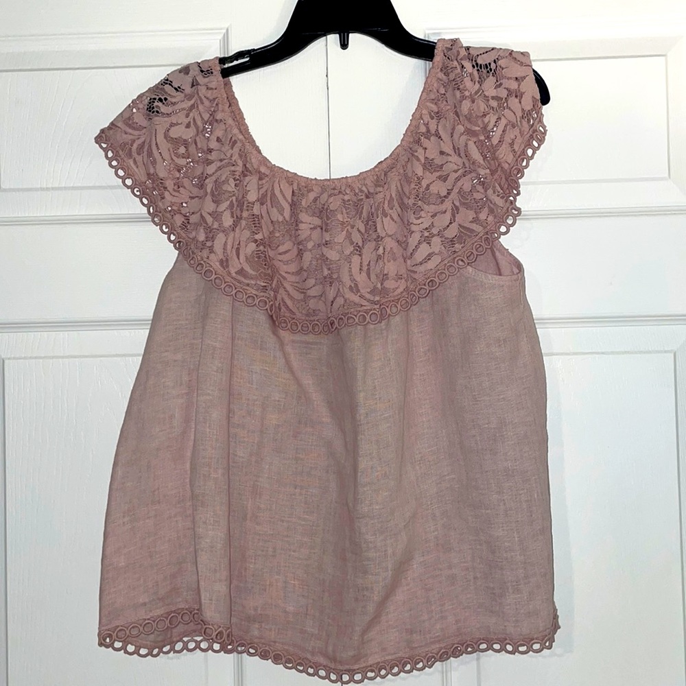 Lavender linen with lace collar off the shoulder top made in Italy.